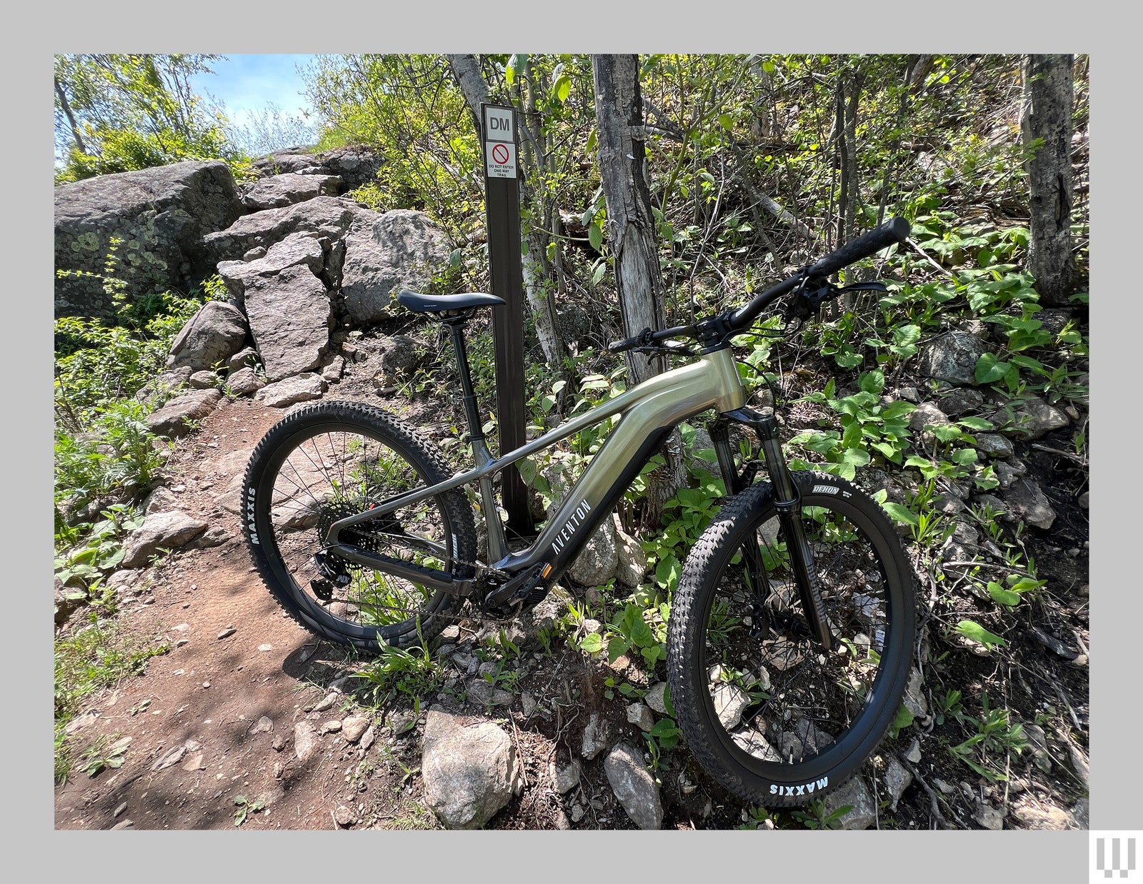 Green and black electric mountain bike leaning on a wooden post with a rocky trail and a forest in the background