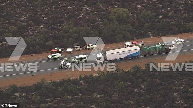 A Toyota Prado, a road train pulling two trailers and a Suzuki hatchback collided on the Brand Highway 10 kilometers from Cataby, a two-hour drive north of Perth, about 9am on Friday.