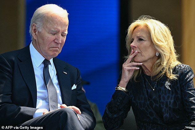 US President Joe Biden and US First Lady Jill Biden attend the ceremony in the US to mark the 80th anniversary of World War II. "day D" Allied landings in Normandy,