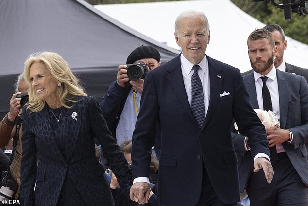 US President Joe Biden (right) and his wife Jill Biden at the ceremony commemorating the 80th anniversary of D-Day