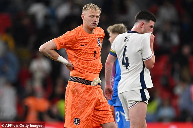 Aaron Ramsdale was visibly frustrated after conceding the first goal at Wembley.