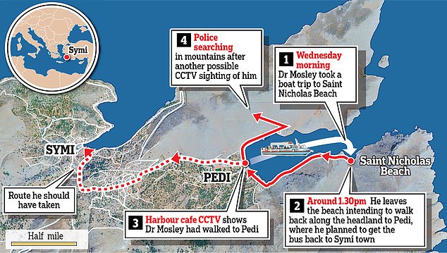 A map of the route the doctor is believed to have taken and the latest sightings of him.