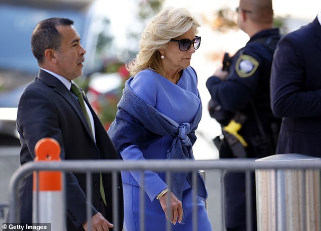 First lady Jill Biden and her senior advisor Anthony Bernal arrive at the J. Caleb Boggs Federal Building on June 7, 2024 in Wilmington, Delaware.