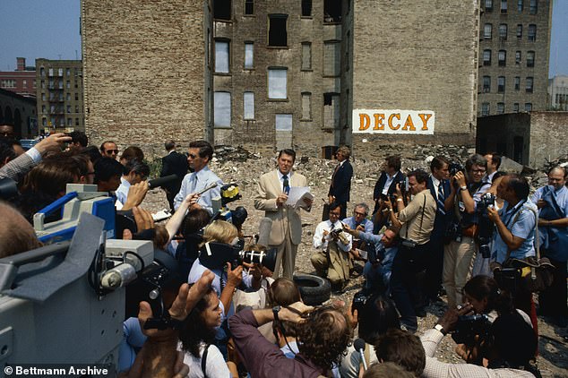 Trump has also improved his chances in an all-Democratic state by taking inspiration from Reagan's campaign playbook; Pictured: Reagan at a campaign stop in the South Bronx before the 1980 election.