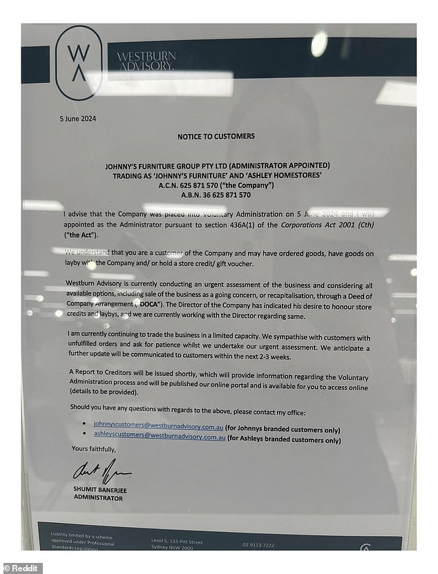 Those who went to the stores to demand furniture or a refund instead received a letter confirming that an urgent assessment of the business was being carried out.