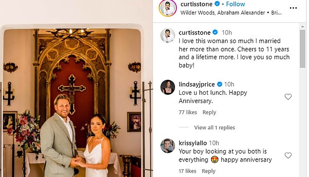 Curtis also joked in the caption about how the couple renewed their vows to celebrate their 10th wedding anniversary last year and told fans that he loved his wife so much that he married her twice.