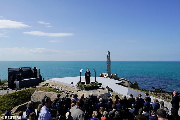 President Biden delivered his speech at the picturesque cliffside location of Pointe du Hoc.