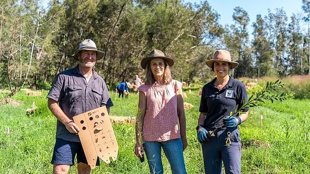 Pictured left to right: Nursery Manager Humphrey Herington, Greens MP Sue Higginson and WWF's Maria Borges help plant the new trees.