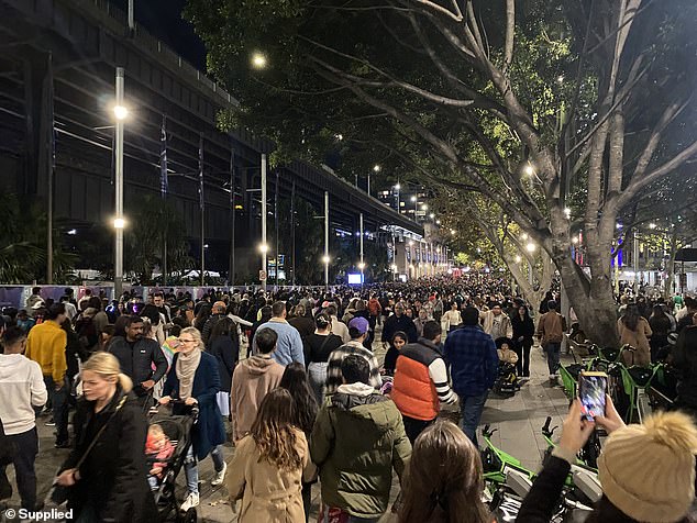 A crowd is photographed gathering at Circular Quay, near George Street.