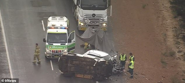 Emergency services were called to reports of an accident between two cars and a road train pulling two trailers on the Brand Highway at Cooljarloo, about 170 kilometers north of Perth, at 9am on Friday. The photo shows the scene of the accident.