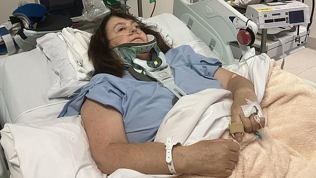 Speaking from the Royal Adelaide Hospital, Ms Jordan (pictured) said she had been trying to put her seatbelt back on after going to the toilet when turbulence suddenly hit