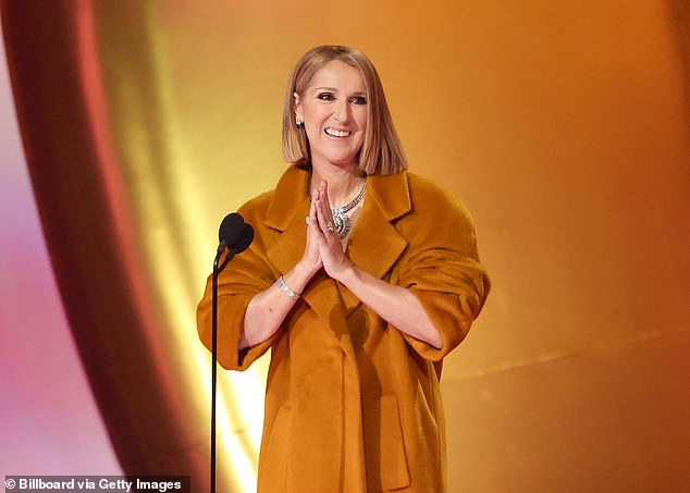 Celine Dion speaks onstage at the 66th Annual Grammy Awards in February