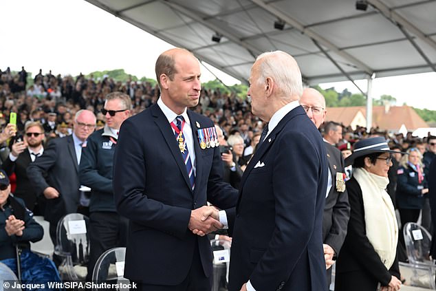 William has been front and center representing Britain during D-Day commemorations in France this week (pictured with US President Joe Biden)