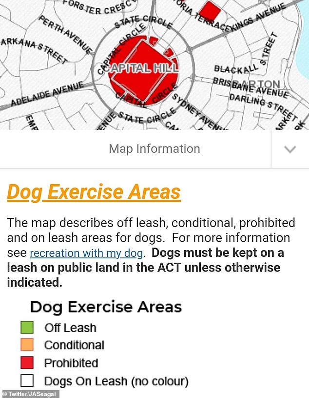 ACT Government rules state that the area around Parliament House is off-limits to dogs, whether they are on a lead or not, and the fine for non-compliance is $150.