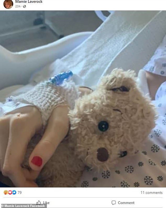 A Facebook post from Friday shows the 19-year-old actress's hand hooked up to an IV and holding a small teddy bear as she lay in a hospital bed.