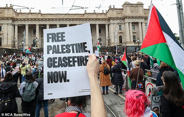 The rally attended by hundreds of people outside the State Library of Victoria was organized by Free Palestine Melbourne.