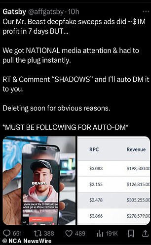 Now-deleted tweet shows someone bragging about making money from a Mr Beast deepfake