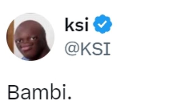 KSI defended Miniminter and demonstrated Fury with a simple tweet, writing 'Bambi' in X