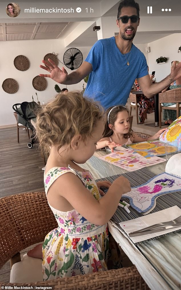 Millie made sure to have a great family time and posted a sweet snap of Sienna and Aurelia doing some art activities, with Hugo in the background.