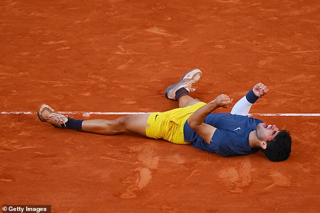 After winning, Alcaraz collapsed on the clay like Rafael Nadal, whom he idolized