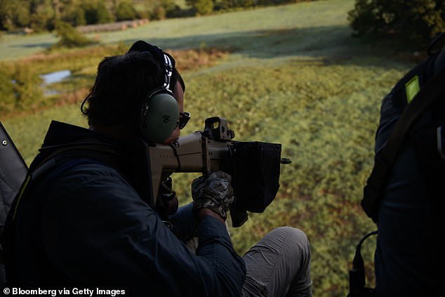 A hunter on a HeliBacon helicopter hog hunting tour near Bryan, Texas, on October 6, 2023