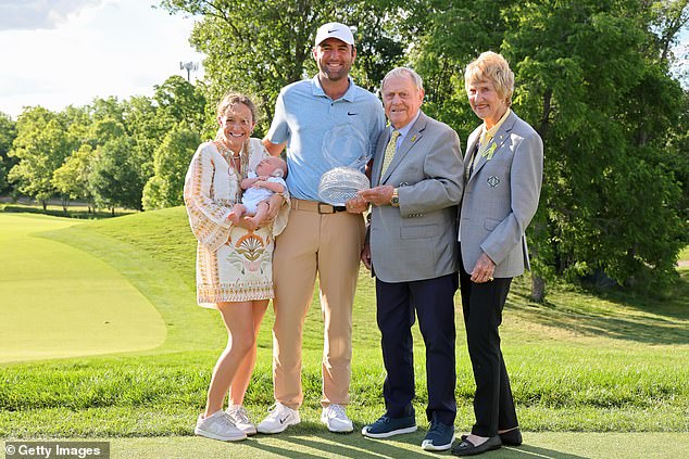 Scheffler and his family posed with Jack and Barbara Nicklaus after he lifted the trophy.