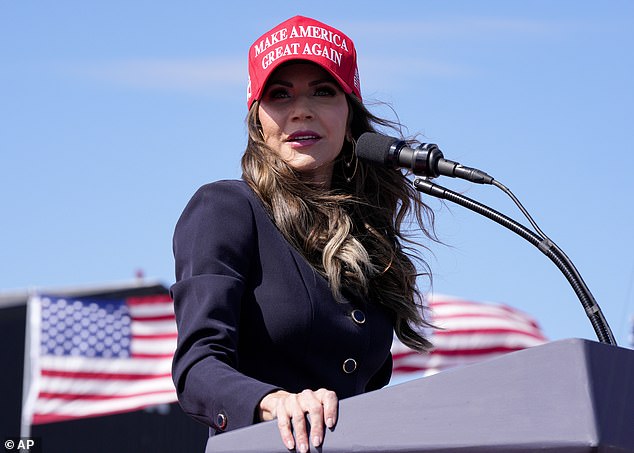 South Dakota Governor Kristi Noem speaks before Republican presidential candidate and former President Donald Trump's remarks at a campaign rally.