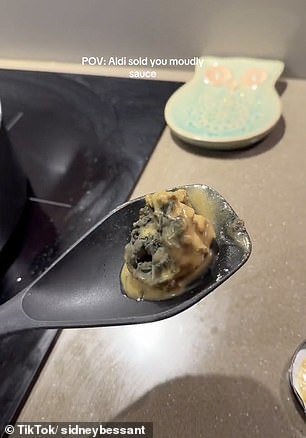 A giant piece of mold fell out when he went to pour the sauce into the pan (pictured)