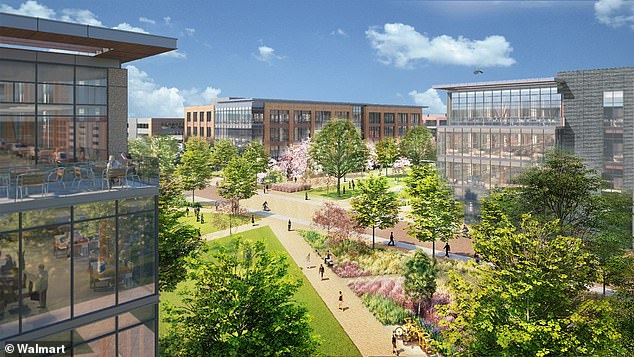 The giant grocer tore down the existing buildings to replace them with 12 new office buildings, several service buildings, parking lots and green spaces. (pictured: a rendered version of Walmart's future headquarters)