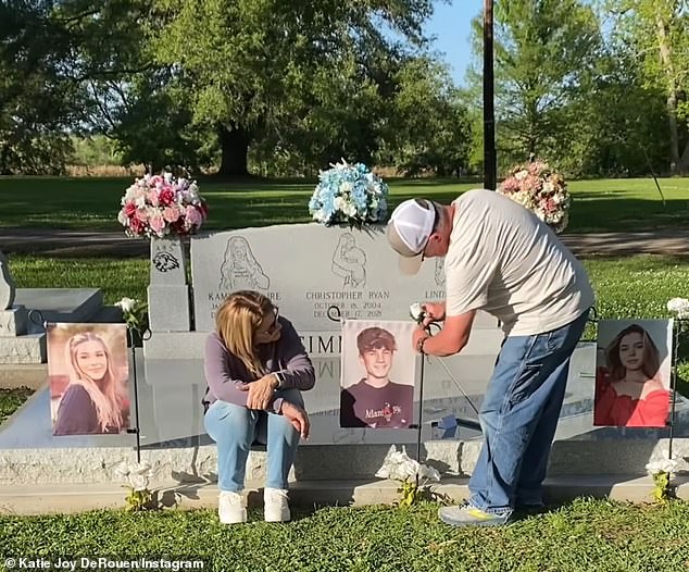 Parents Ray and Dawn Simmons are seen tending the graves of their three children.