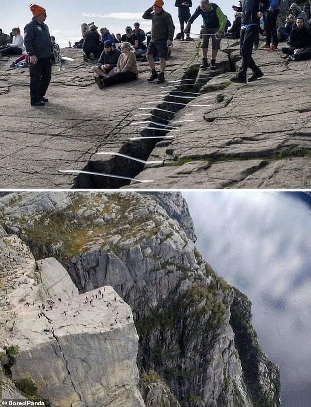 Risky business! Meanwhile, in Norway, hikers attempted to use duct tape to repair a huge crack in the Preikestolen cliff.