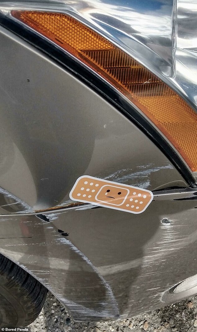 Oops! Meanwhile, a woman put a Band-Aid with a sad face on a scratch she made on her husband's car.