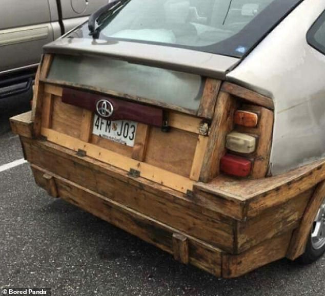 Good job! A skilled craftsman rebuilt the back of a car with wood that probably should have been scrapped