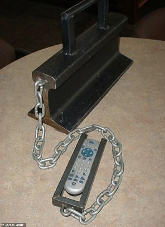 An extreme solution to the age-old problem of losing your TV remote control; this person went to great lengths to make sure he would never get lost again and chained him to a weight