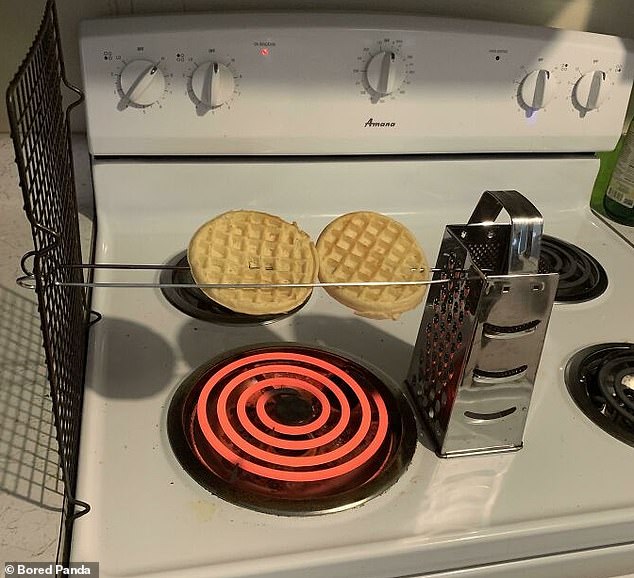 Where there is a will, there is a way! This owner came up with a clever way to toast waffles if you don't have a grill or toaster