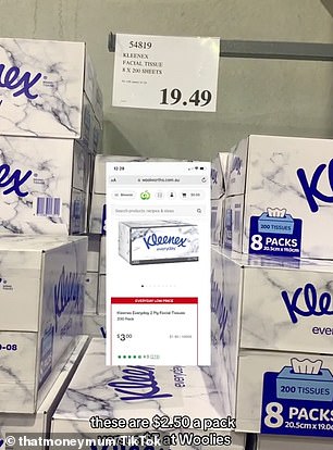 Kleenex tissues cost $19.49 for a pack of eight at Costco, or $2.43 each, while at Woolworths the same single box costs $3