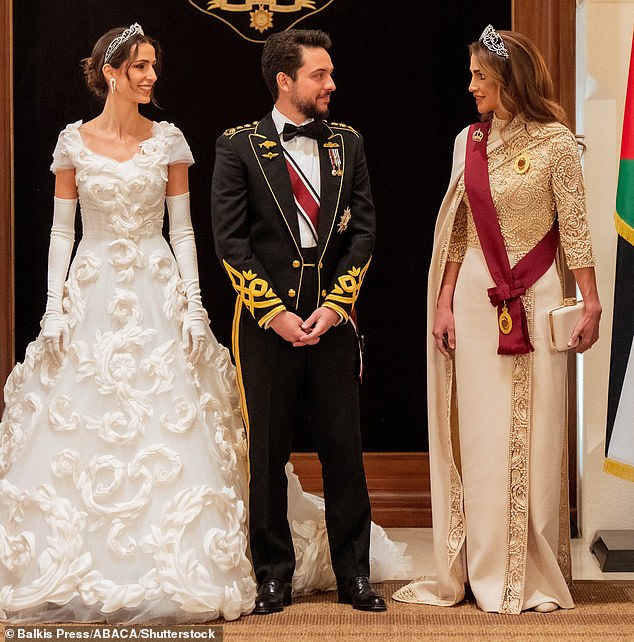 Princess Rajwa Al Hussein, Crown Prince Al Hussein bin Abdulla II and their mother, Queen Rania, during the royal wedding banquet in Amman, Jordan, earlier this month.