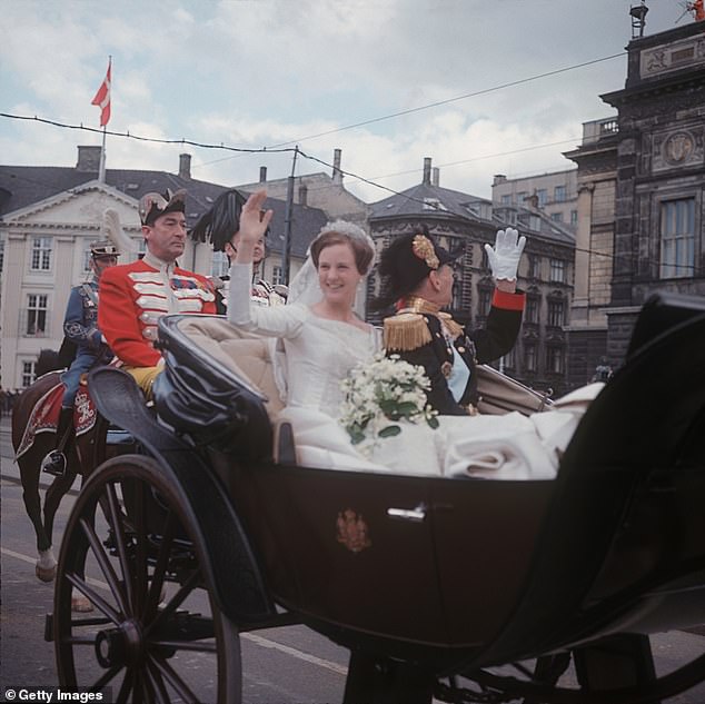 Arriving at Holmen Church on the arm of her father, King Frederick IX, Margrethe was the picture of elegance.