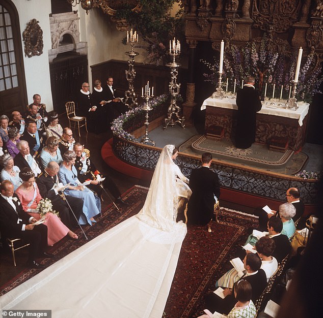 Margrethe's Irish lace veil was previously worn by her late grandmother, Princess Margaret of Connaught, for her marriage to Prince Gustaf Adolphus of Sweden at Windsor Castle in 1905.