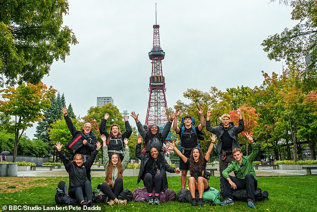 Five teams of two were tasked with racing towards the island of Lombok in Indonesia through a series of checkpoints, with friends Alfie and Owen ultimately taking the win (pictured LR Stephen & Viv, Sharon & Brydie, Eugenie & Isabel, James & Betty & Owen and Alfie)