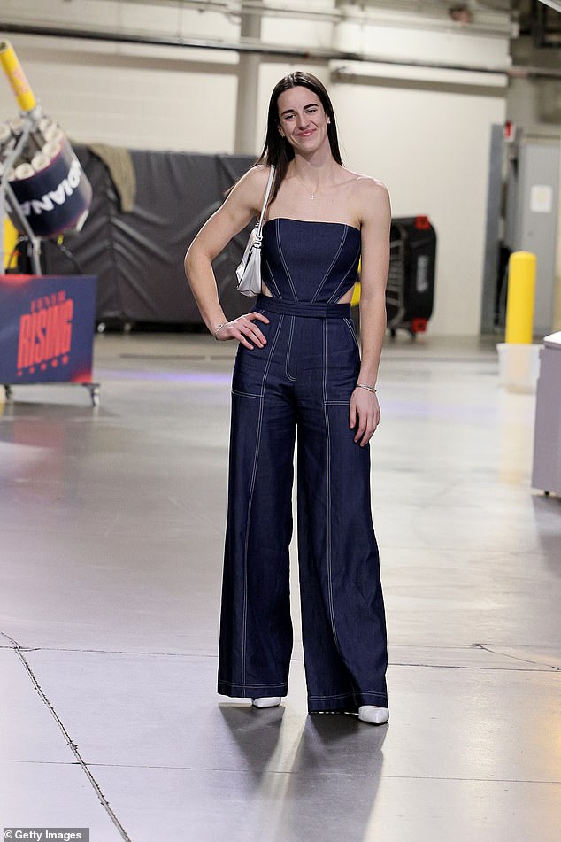 Caitlin Clark looked radiant in a strapless denim jumpsuit and white heels