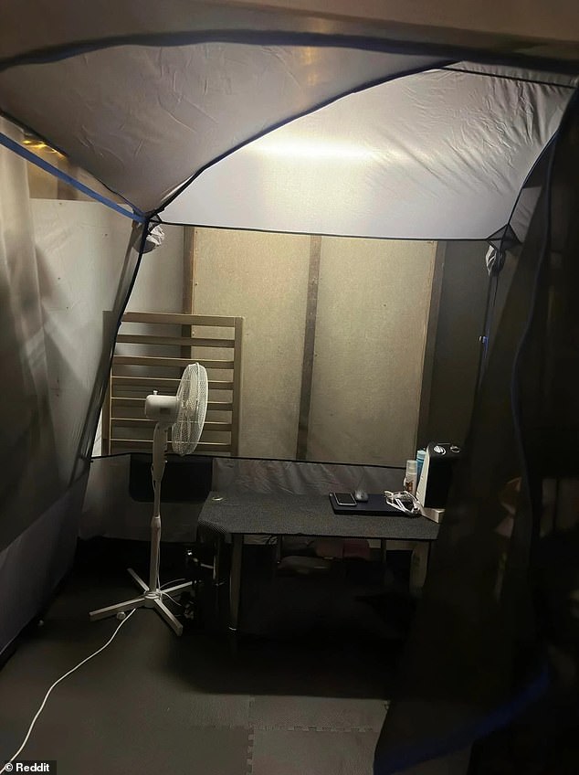 Photos of the home that were included in a property listing for the studio home showed a small space inside an outdoor garage that housed several appliances and a small desk (pictured).