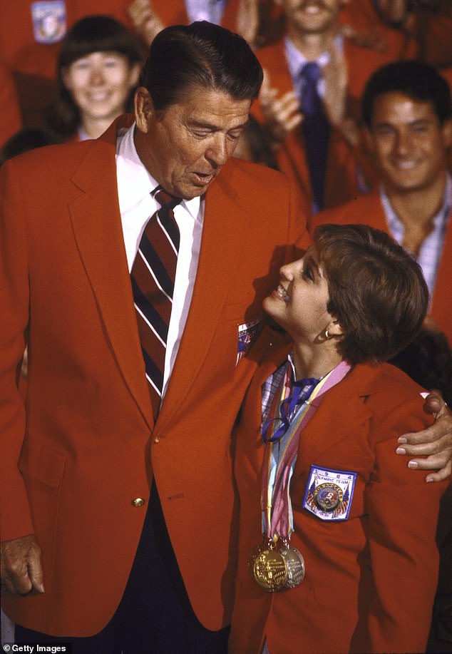 Retton photographed with then-US President Ronald Regan after her historic success