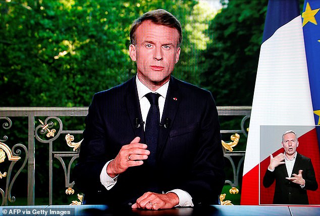 The fall came after the French president (pictured) suffered a humiliating defeat to Marine Le Pen's National Rally party, which took home 31.5% of the projected vote.