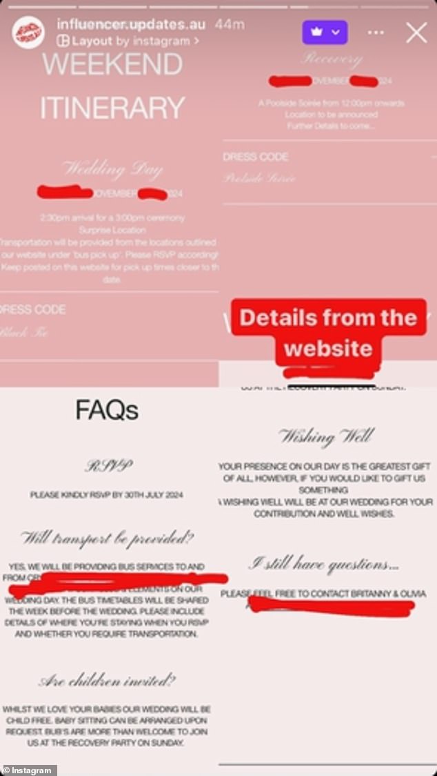 Leaked photos of the wedding invitation, shared by several influencers who were on the guest list, reveal that the lavish ceremony will take place in Byron Bay in November.