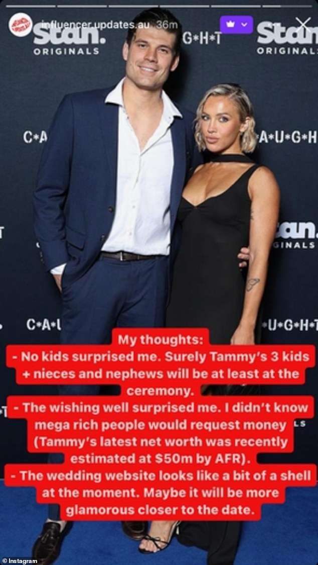 Influencer watch account @influencer.updates.au shared details of the wedding and also weighed in on the wishing well and requests not to have children.