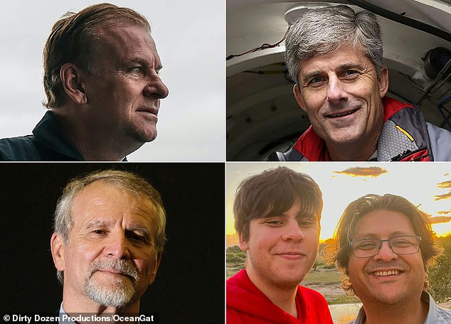 The five men aboard the submersible were above left: Hamish Harding, 58, a British airline executive; top right Stockton Rush, 61, founder and CEO of OceanGate; bottom left Paul-Henri Nargeolet, 77, a French Titanic expert and bottom right Shahzada Dawood, 48, a British Pakistani businessman; his son, Suleman, 19