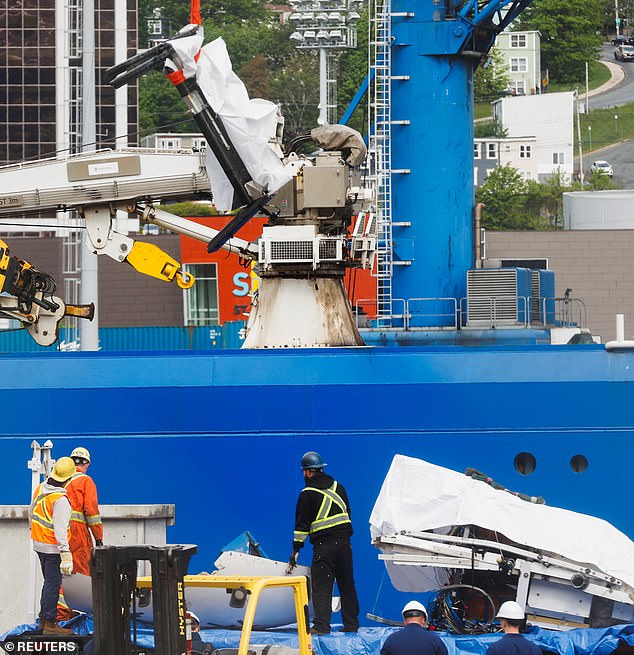 A view of the ship Horizon Arctic, as recovered parts of OceanGate Expeditions' Titan submersible are returned