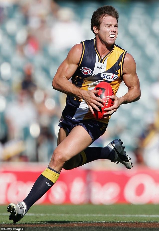 The clip shows flashback footage of Ben's AFL glory days with the Eagles, who he played for from 1996 to 2007, to show how strong and fit he was during his playing career.