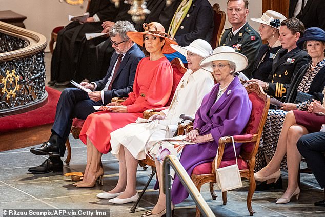 The King and Queen, along with Queen Margaret and Princess Benedikte, first attended a service at Holmen Church before going to a ceremony at Christianborg Castle.